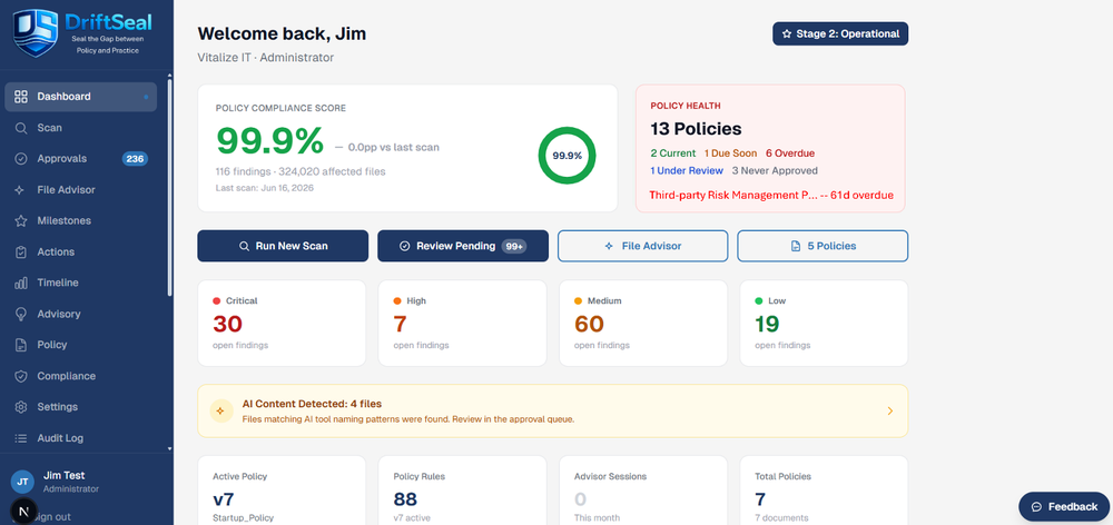DriftSeal dashboard overview showing policy compliance score, policy health and open findings by severity