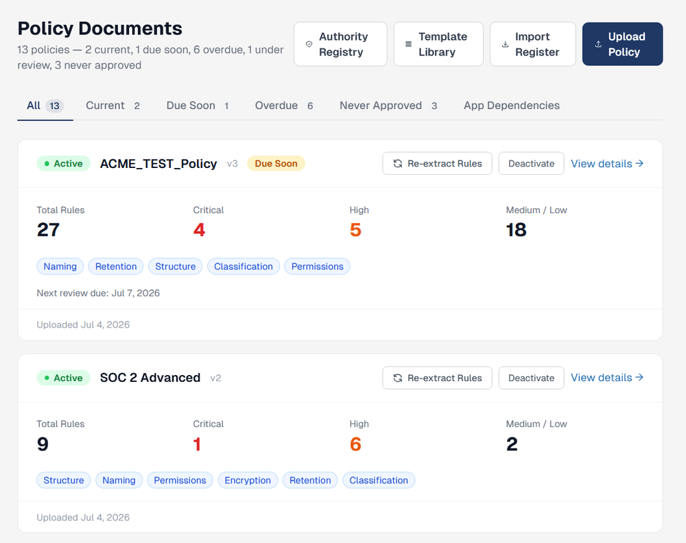 DriftSeal Policy Documents screen showing active policies, rule counts and severity breakdown