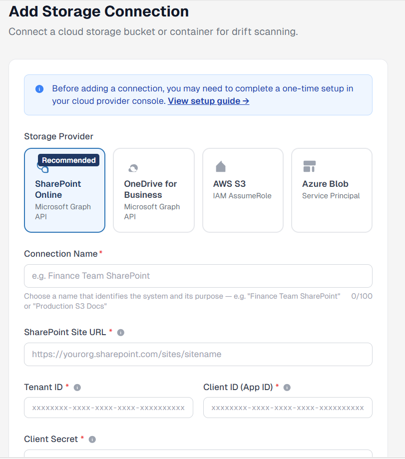 DriftSeal Add Storage Connection screen showing SharePoint, OneDrive, AWS S3 and Azure Blob provider options