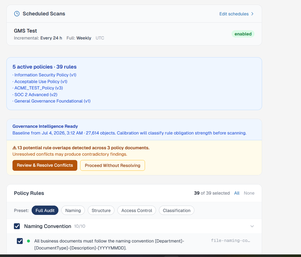 DriftSeal Scheduled Scans and Policy Rules screen showing full audit presets and active policy rule counts