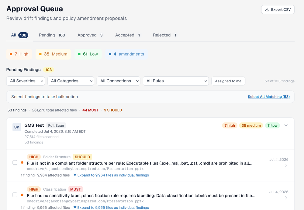 DriftSeal Approval Queue showing pending findings with bulk approve, accept, reject and assign actions