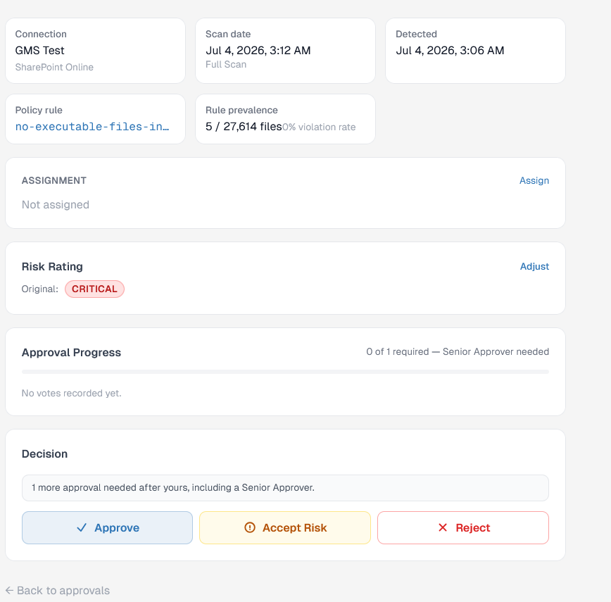 DriftSeal individual finding detail screen showing risk rating, approval progress and decision buttons